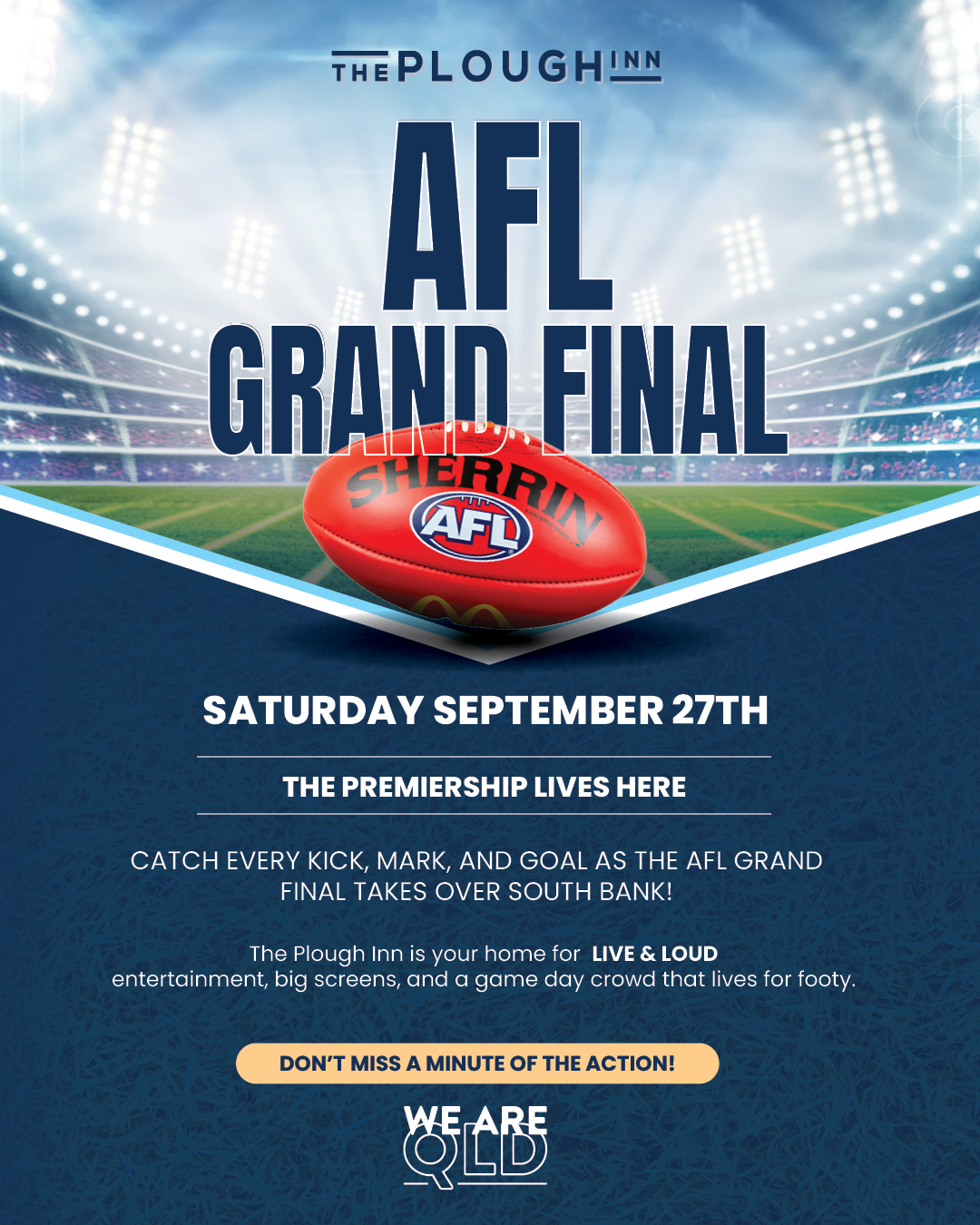 The Plough Inn: AFL Grand Final 2025, South Bank, Brisbane. LIVE & LOUD at sports bar/classic pub.